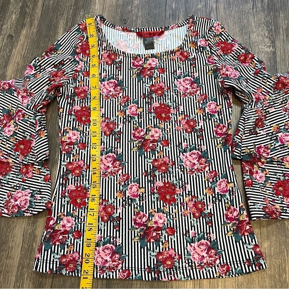 Hot Kiss Floral Fitted Sweetheart Neck Double Ruffled Bell 1/4 Long Sleeves S - Picture 9 of 9